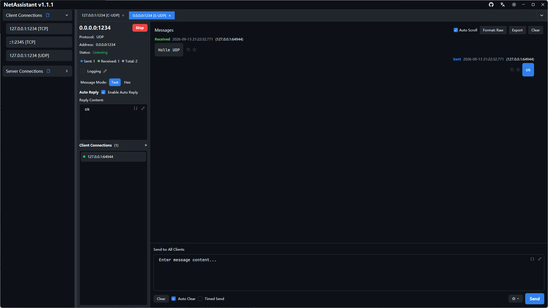 UDP server dark mode screenshot
